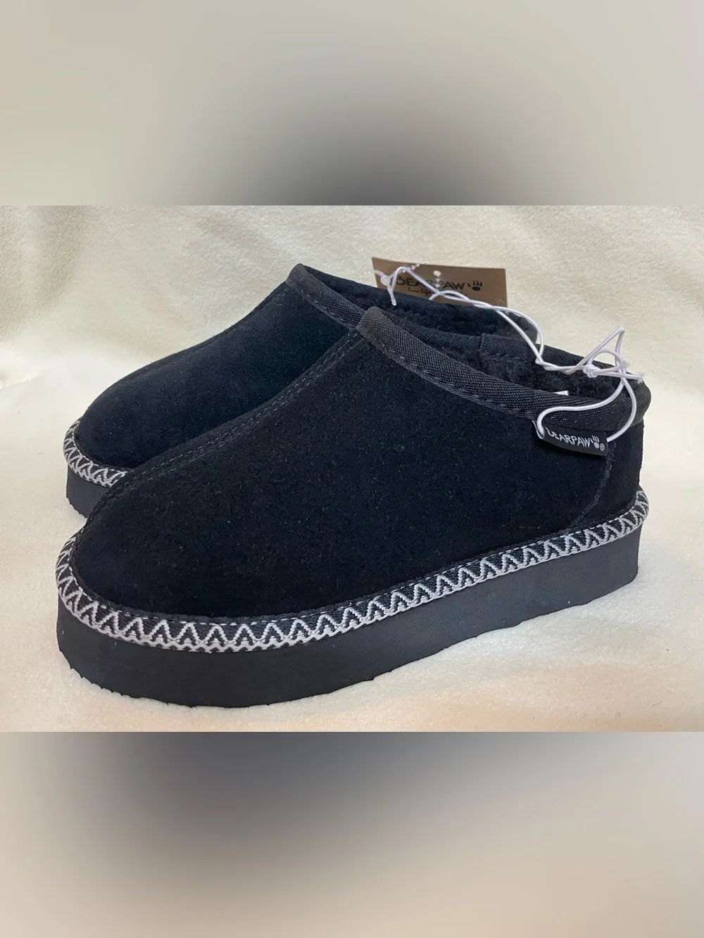 BearPaw Kids Black Plush-Lined Slip-On Slippers Size 12 Youth